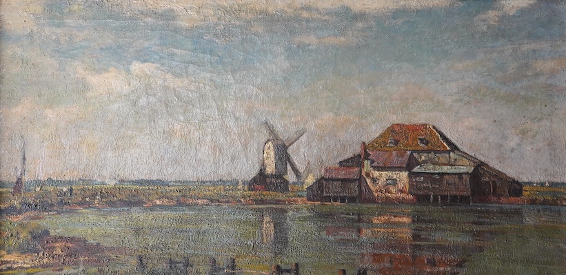 Attributed to Edward King RA (1863-1930), oil on canvas, Study of Tide Mill and Windmill at Walton on the Naze, together with English Heritage National Monuments Record photograph of the scene, oil 44.5 x 90.5cm. Conditi